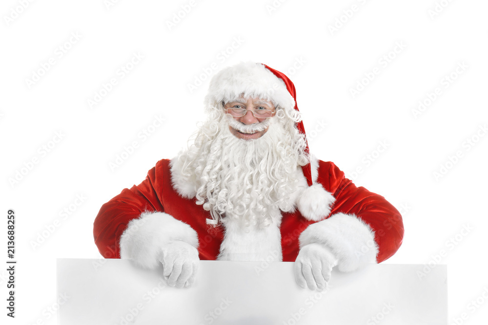 Authentic Santa Claus with blank poster on white background Authentic Santa Claus with blank poster on white background