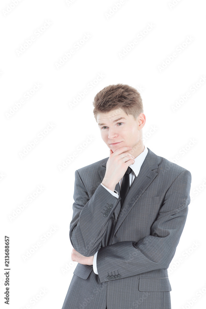 Pensive man props head with hand, isolated on white Pensive man props head with hand, isolated on white