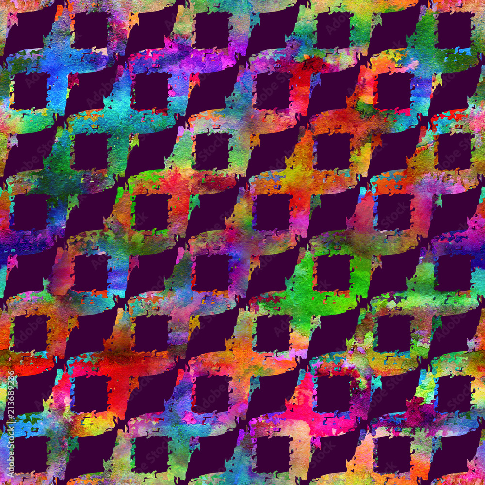 Fototapeta premium seamless pattern with brush stripe plaid. Rainbow watercolor color on violet background. Drawing native grange texture. Ink geometric elements. Repeat fabric print. Overlay backdrop for cloth.