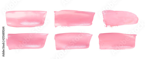 Vector pink paint smear stroke stain set. Abstract pink glittering textured art illustration. Acrylic Texture Paint Stain Illustration. Hand drawn brush strokes vector elements. Acrilyc strokes.