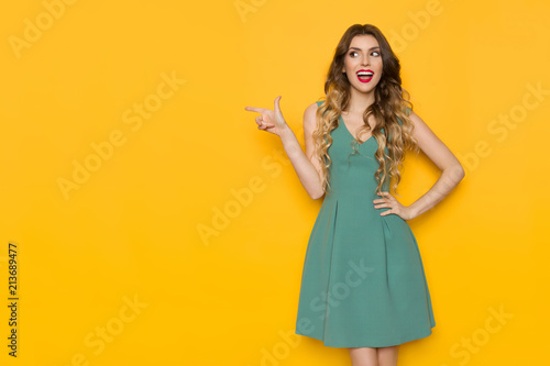 Young Woman In Green Dress Is Looking Away  Pointing And Talking