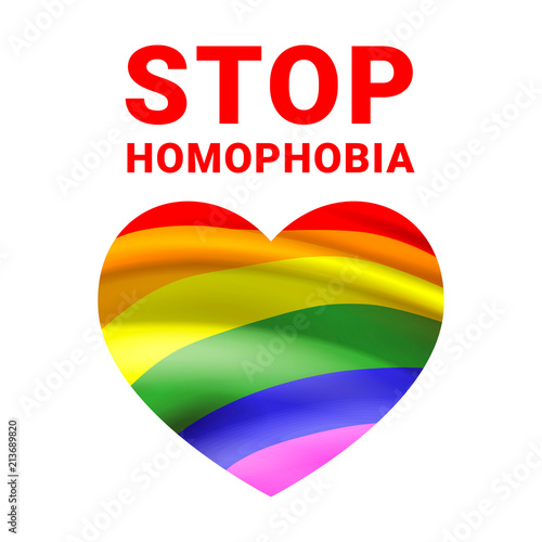 Vector illustration with LGBT movement rainbow flag in heart shape and Stop Homophobia slogan.