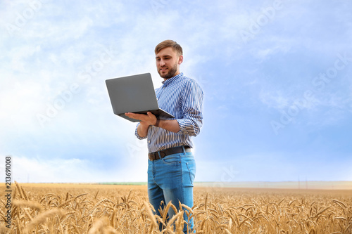 Young agronomist with laptop in grain field. Cereal farming © New Africa
