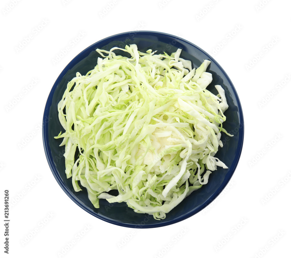 Bowl with chopped cabbage on white background, top view. Healthy food Bowl with chopped cabbage on white background, top view. Healthy food