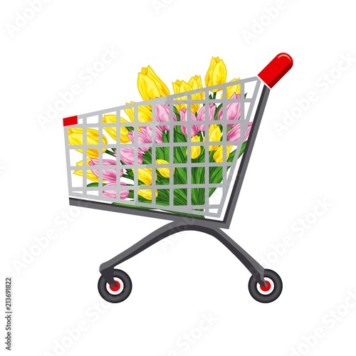 Vector illustration shop trolley with tulips