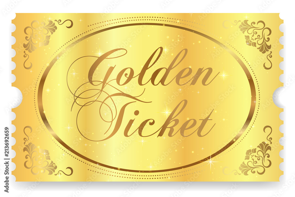 Golden ticket, Gold ticket (tear-off) vector template design with star golden background. Useful for Coupon, any festival, party, cinema, event, entertainment show, concert