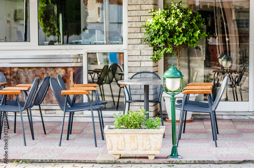 Chairs in the garden restaurant in Leptokaria, Greece 