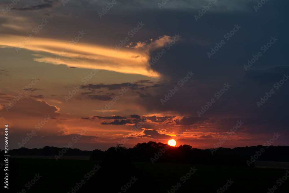 coucher de soleil sur la campagne avec les arbres en silhouette sur l'horizon. Le soleil rouge est sur l'horizon. coucher de soleil sur la campagne avec les arbres en silhouette sur l'horizon. Le soleil rouge est sur l'horizon.