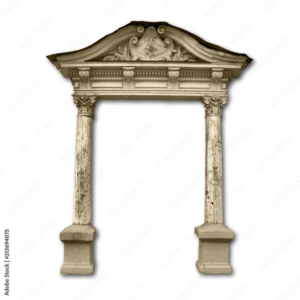 Fototapeta premium Portico entrance with wooden columns with drop shadow isolated on white background