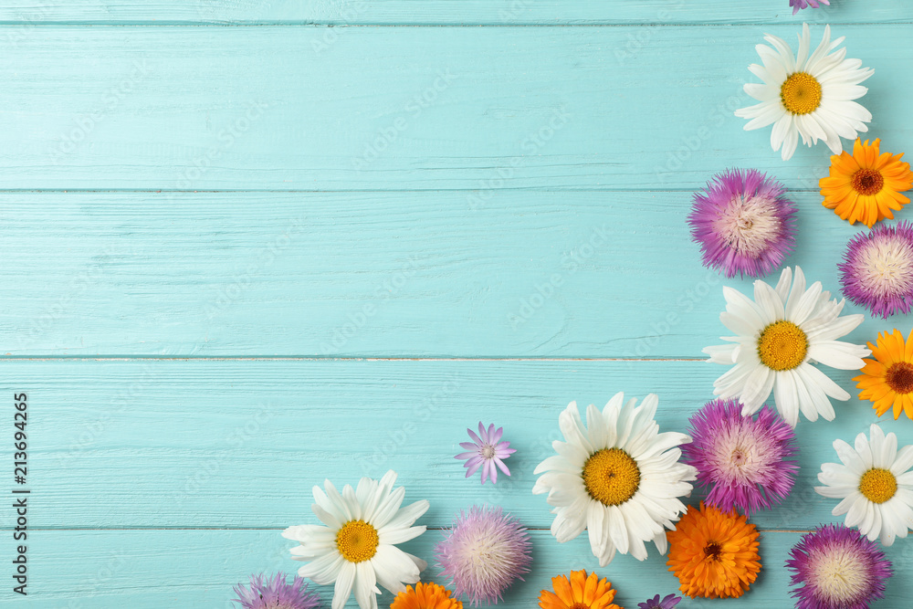Obraz premium Flat lay composition with wild flowers on wooden background