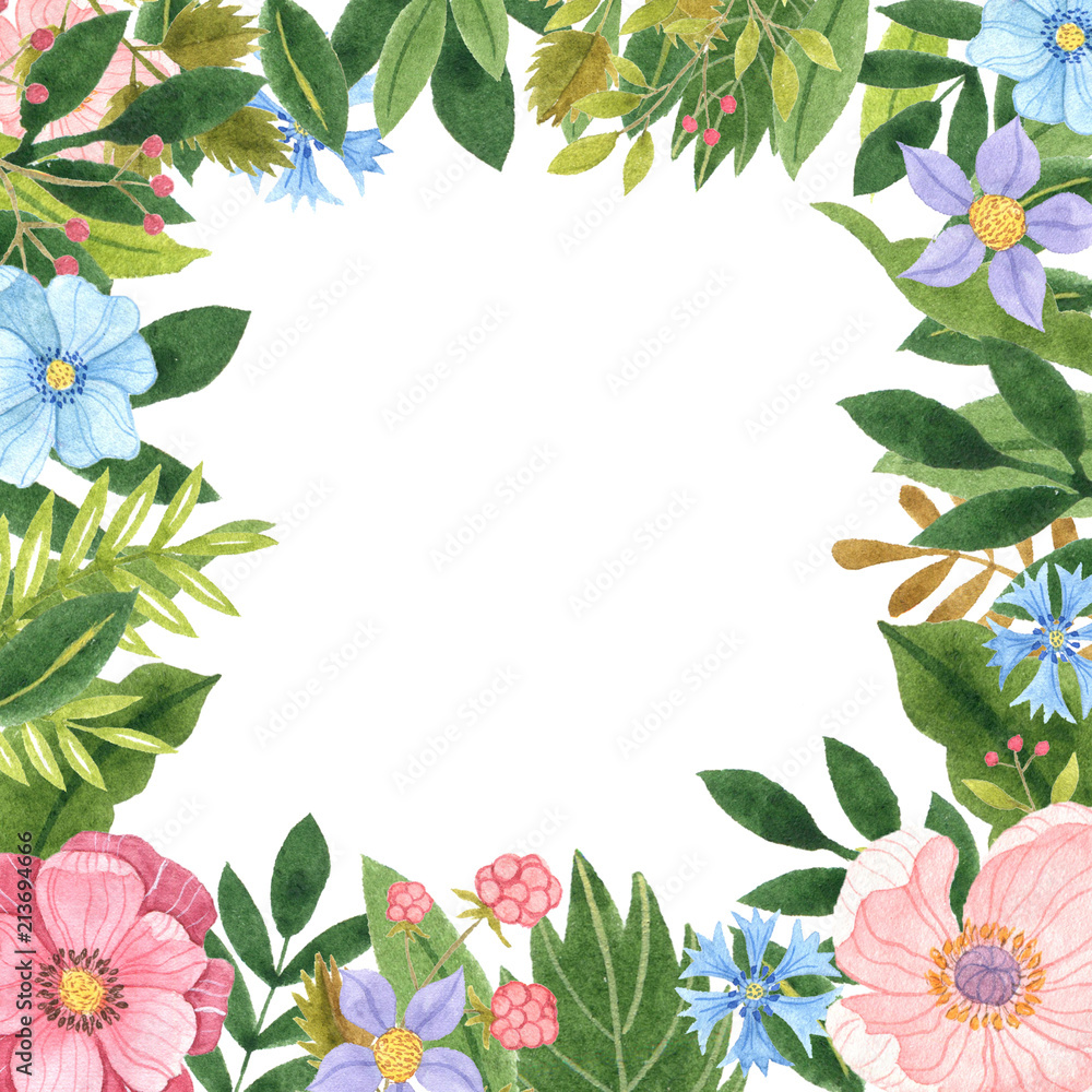 Fototapeta premium Flower frame. Hand painted watercolor illustration.