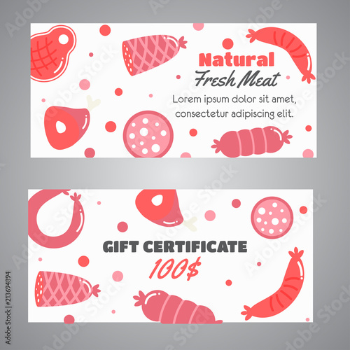 gift certificatewith meat products. Flat meat farm elements. Butcher promo banners, cards, brochure, sale, promotion. Vector