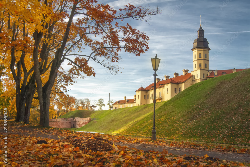 Nesvizh castle in autumn evening, Belarus Minsk region.