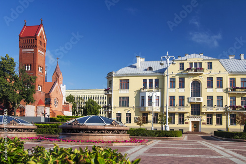 Church Of Saints Simon And Helen or Red Church At Independence Square In Minsk, Belarus. photo