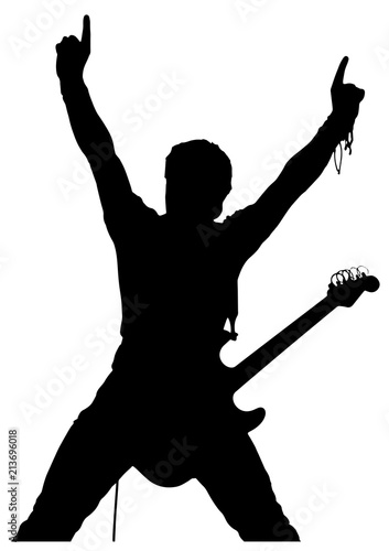 Vector drawing. Silhouette of man with electric guitar.