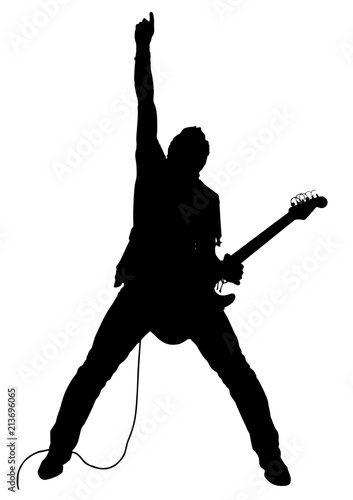 Vector drawing. Silhouette of man with electric guitar.