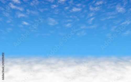 Blue sky background with white clouds. Cumulus white clouds in the clear blue sky in the morning. 3D illustration © Plastic man