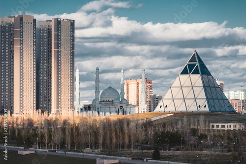 Elevated panoramic view over Astana in Kazakhstan with Palace of Peace and Reconciliation
