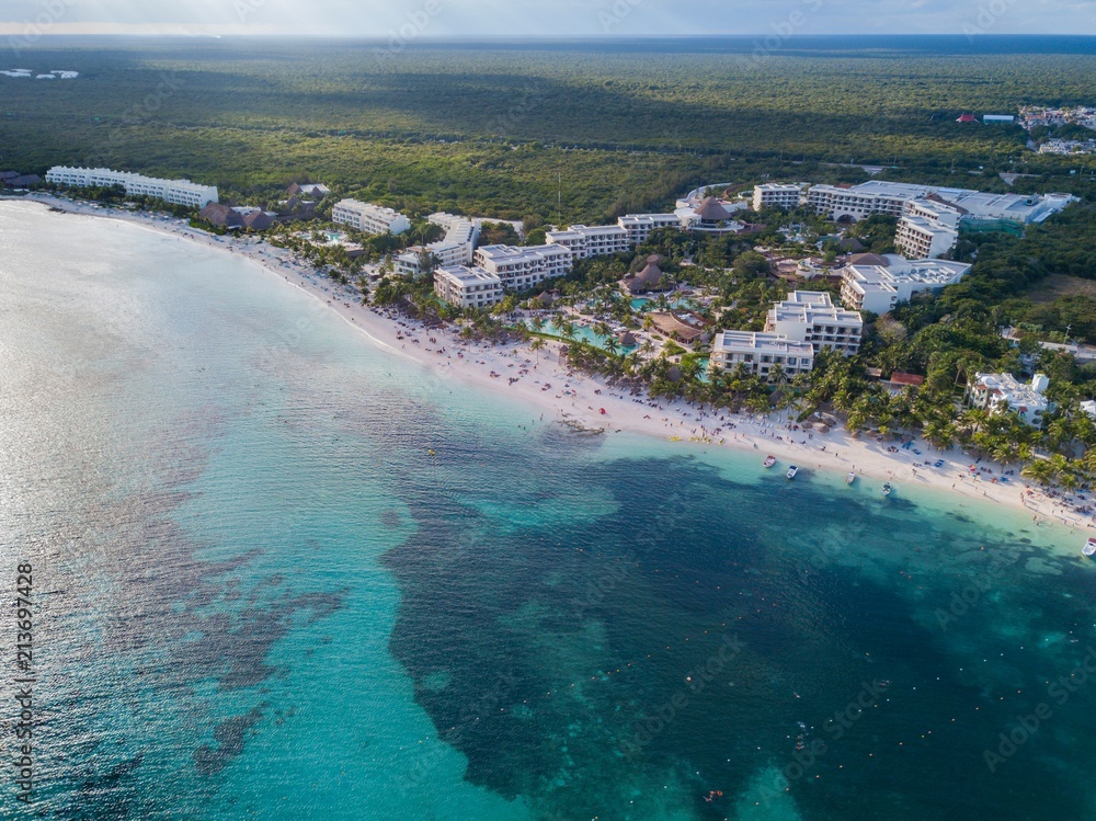 Akumal bay Caribbean beach in Riviera Maya. Aerial view of Sea side