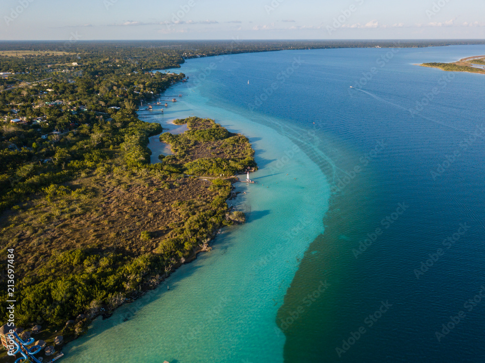 Beautiful turquoise water. Laguna Bacalar  - the lake of seven colors. Favorite place of rest for Mexicans