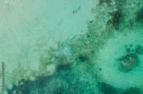 Background image of the turquoise sea. Deep sea and corals. Top view of beautiful Caribbean Sea. Aerial drone shot of turquoise sea water - space for text. Aquamarine Sea background