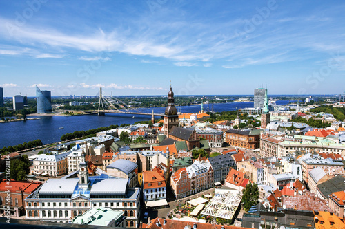 Aerial view of Riga with the Dome Cathedral and embankment of the river Daugava