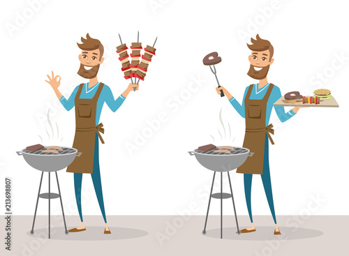 Set of happy man grilling meat on barbecue grill and holding skewers. Vector illustration isolated.