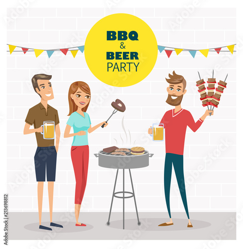 BBQ party with friends. Vector characters illustration isolated.