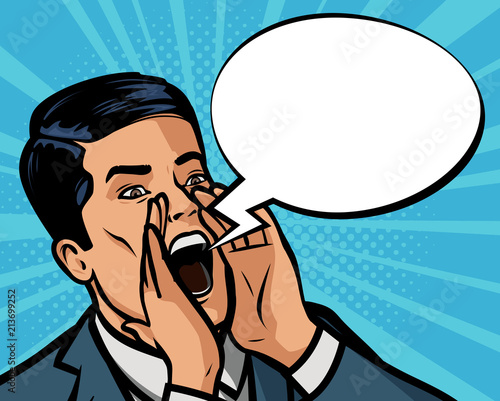 Man is shouting loudly. Vector illustration in style comic pop art