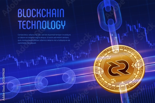 Decred. Crypto currency. Block chain. 3D isometric Physical golden Decred coin with wireframe chain on blue financial background. Blockchain concept. Editable Cryptocurrency template. Vector