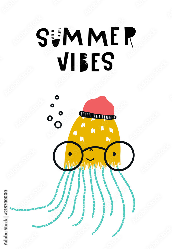 Summer vibes - Cute hand drawn nursery poster with cartoon jellyfish in  glasses with lettering. Stock Vector | Adobe Stock