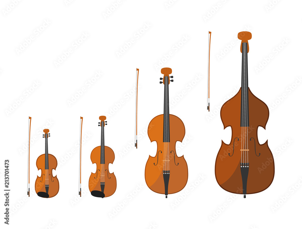 Vector illustration set of string instruments playing by bowing the
