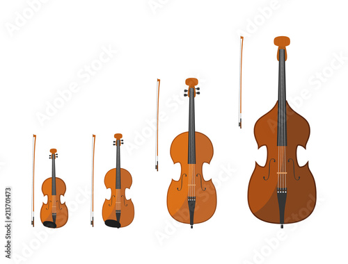 Vector illustration set of string instruments playing by bowing the strings