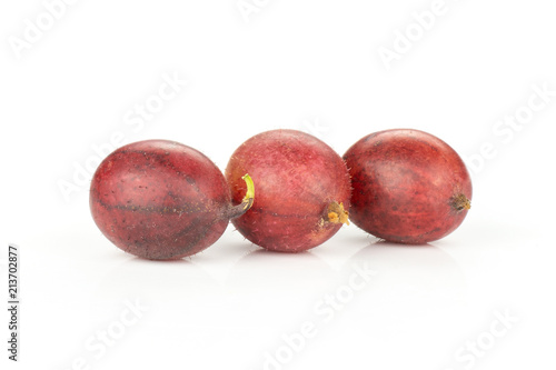 Group of three whole fresh red gooseberry hinnomaki variety ripe isolated on white photo