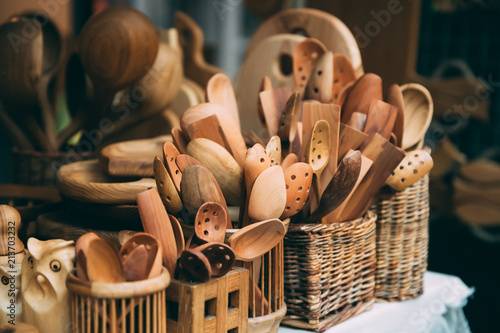 Set Of Handmade Wooden Spoons In European Traditional Market