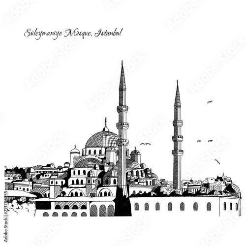 Sketch of Süleymaniye Mosque, Istanbul Notes. Vector. 