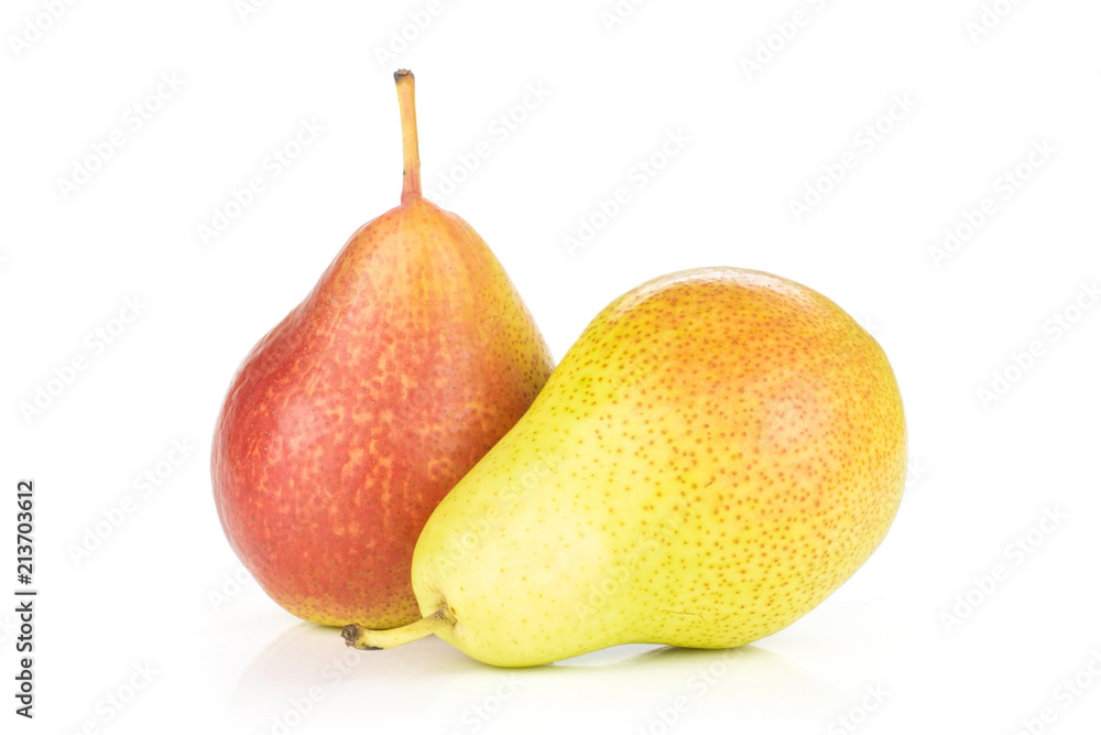 Group of two whole fresh red pear forelle variety ripe isolated on white Group of two whole fresh red pear forelle variety ripe isolated on white