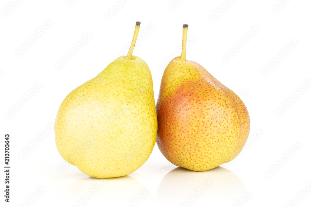 Group of two whole fresh red pear forelle variety with a stems isolated on white Group of two whole fresh red pear forelle variety with a stems isolated on white