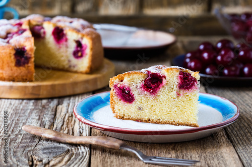 Wallpaper Mural Slice of cherry cake and fresh summer berries on rustic table Torontodigital.ca