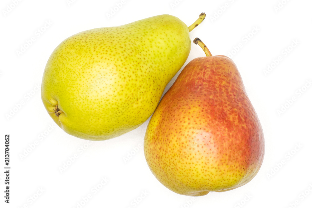 Group of two whole fresh red pear forelle variety flatlay isolated on white