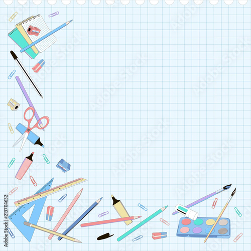 School supplies frame with checkered paper
