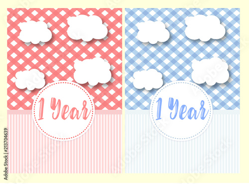 A set of cute templates of children's metrics with cute clouds and badge 1 ye...