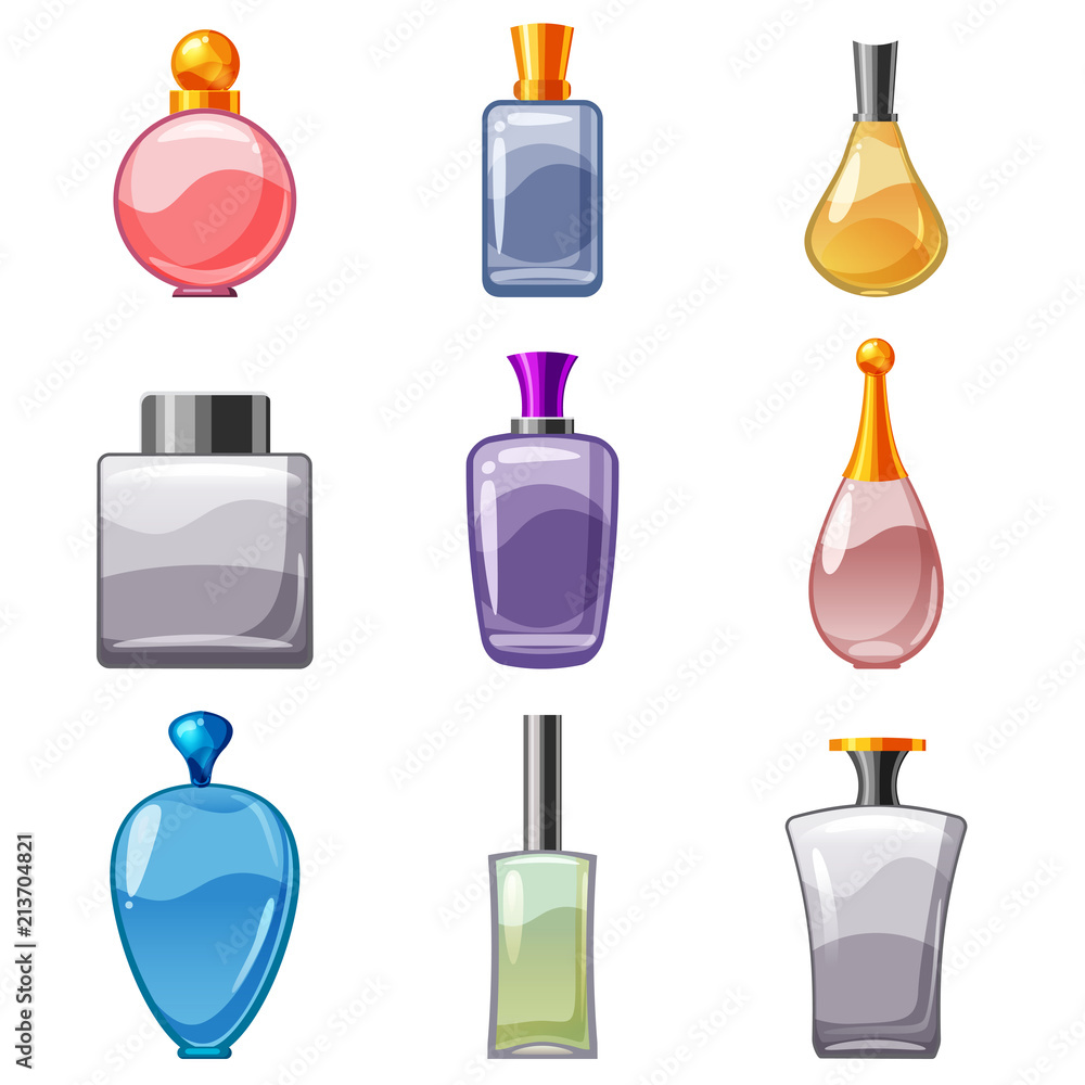 Set of perfumed bottles, perfume, cologne, toilet vrda, care of the body, beauty, vector, isolated, cartoon style Set of perfumed bottles, perfume, cologne, toilet vrda, care of the body, beauty, vector, isolated, cartoon style