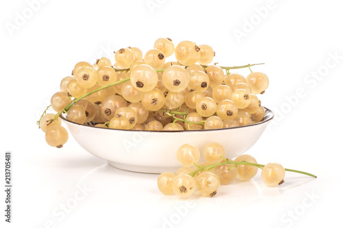 Lot of whole fresh white currant berry blanka variety on a porcelain plate isolated on white photo