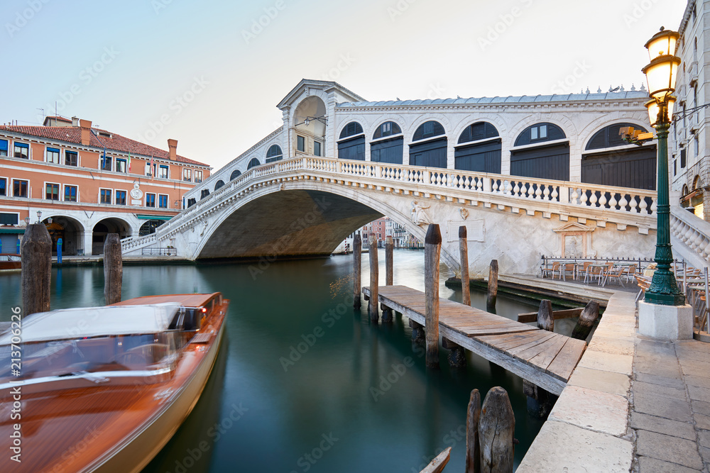 The Grand Canal and Rialto bridge in the early morning, nobody in Venice, Italy