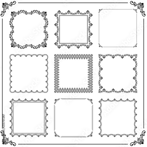 Vintage set of elements. Different square elements for decoration and design frames, cards, menus, backgrounds and monograms. Classic black and white patterns. Set of vintage patterns
