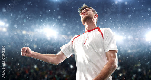 Soccer player celebrates a victory on the professional stadium while it’s snowing.