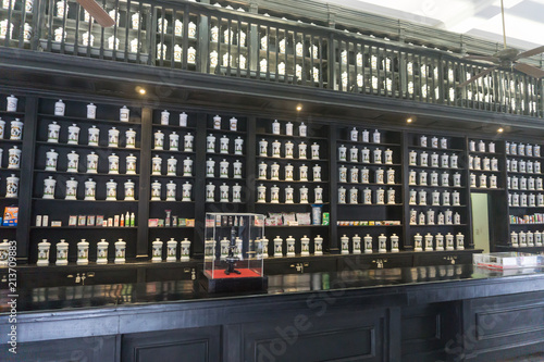 Habana, Cuba - 09 January, 2017: old drugs placed on pharmacy shelves