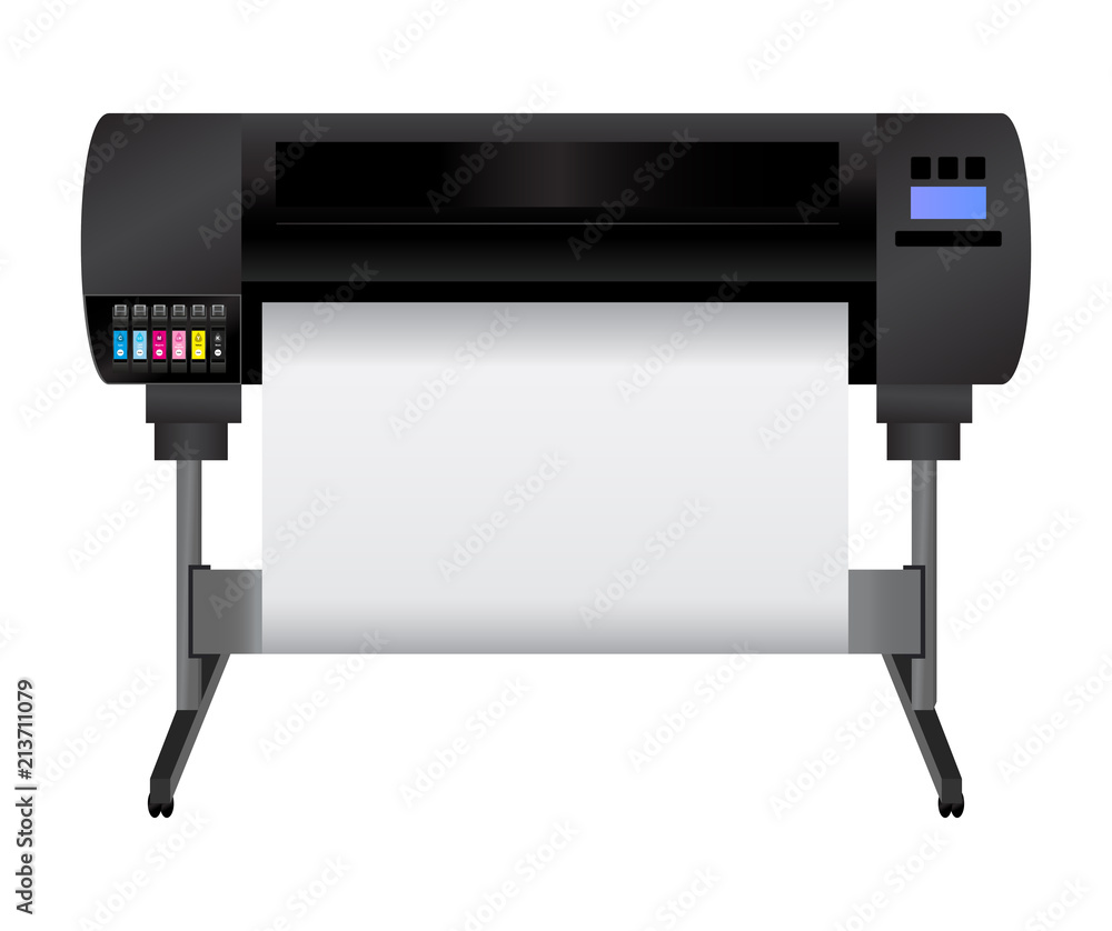 Large inkjet plotter printer for printing many products such as billboards,  posters, roll-ups and more large formats with cyan, light cyan, magenta,  light magenta, yellow and black inks. Stock ベクター | Adobe