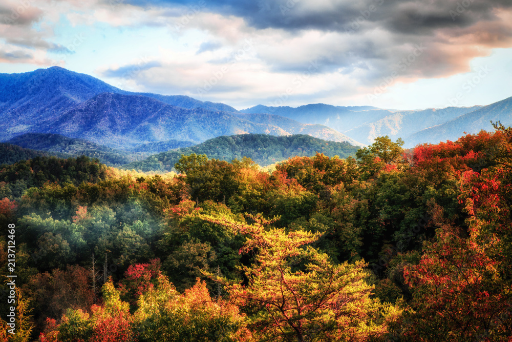 autumn, landscape, mountain, fall, nature, sky, forest, mountains, tree, green, trees, hill, view, blue, color, foliage, beautiful, clouds, season, cloud, colorful, yellow, grass, valley, sunset